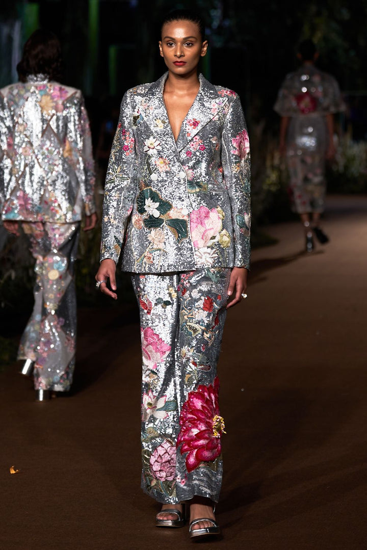 Padma Silk Organza Jacket with Trousers in Ivory and Silver
