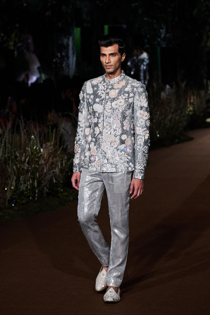 Himadri Hand-Embroidered Bandhgala with Sequinence Hand-Sequinned Trousers in Ivory and Silver