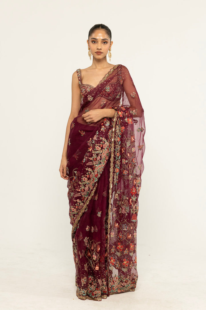 Chintz Hand-Embroidered Saree Set in Burgundy