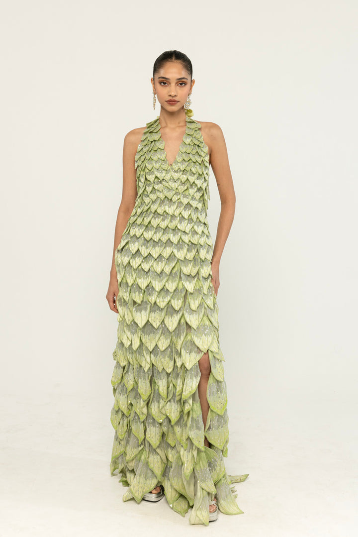 Medinilla Hand-Embroidered Gown in Mint