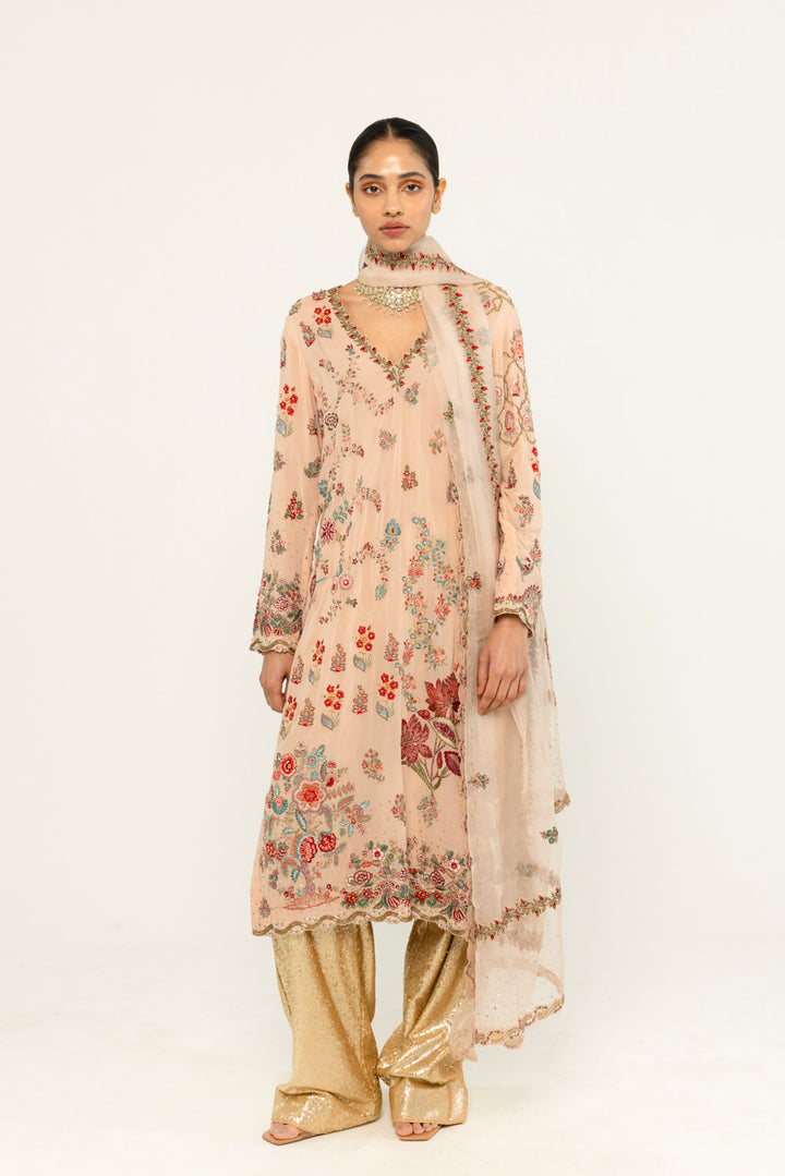 Chintz Hand-Embroidered Kurta Set in Peach