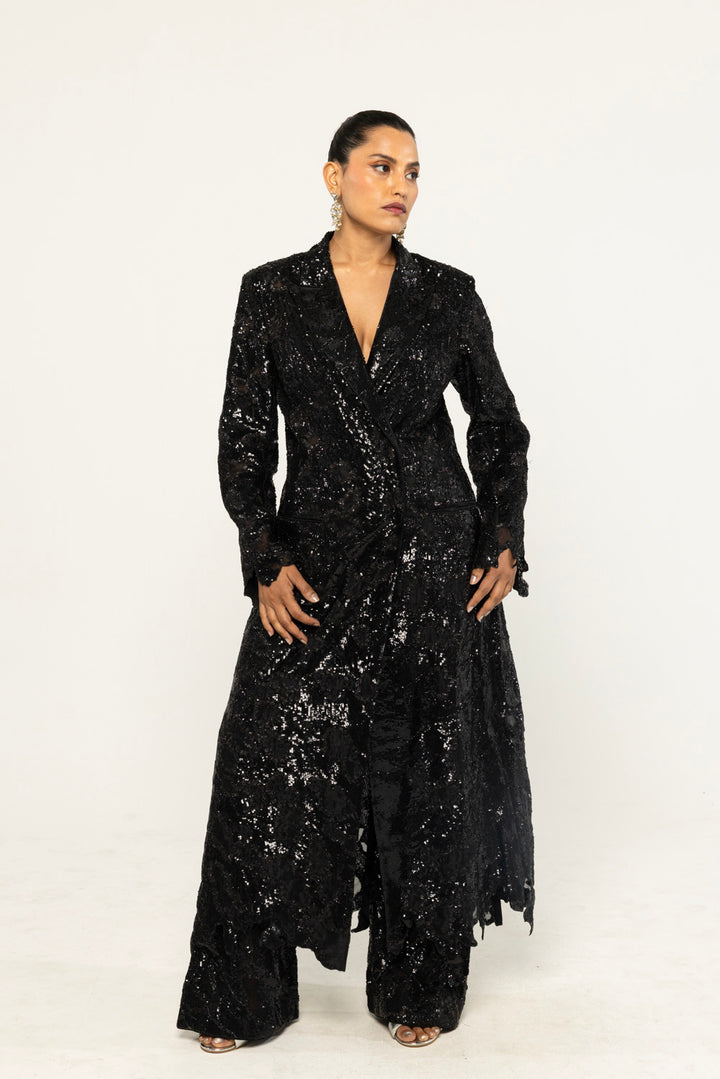 Textured Leaf Hand-Embroidered Trench Co-ord Set in Black