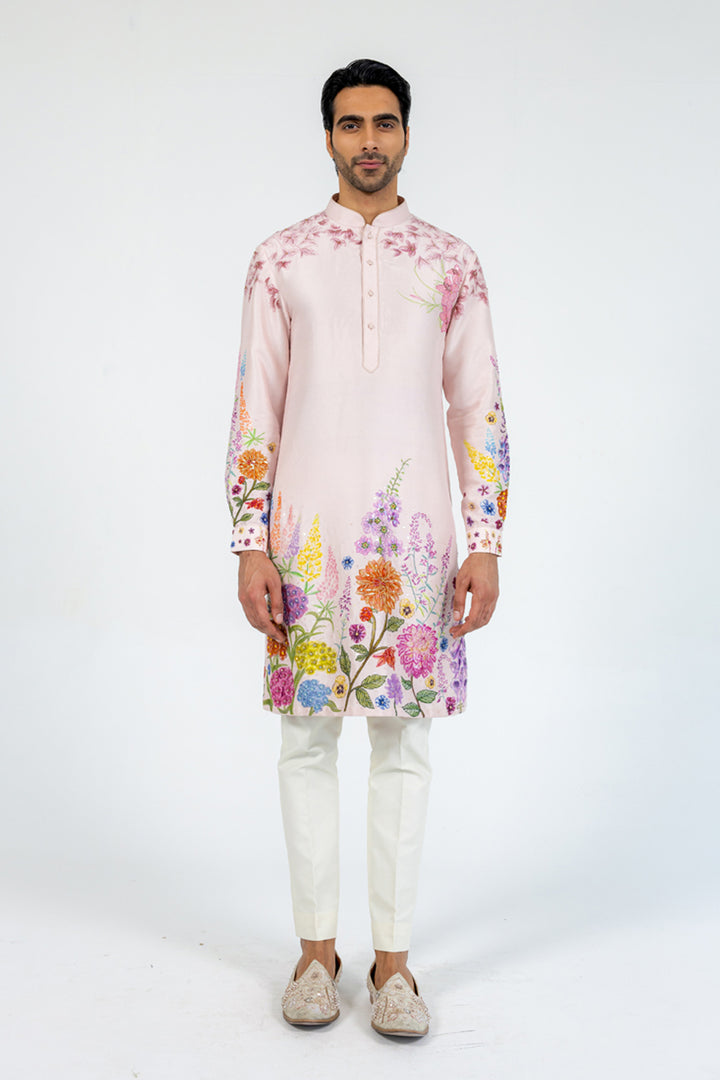 Valley Of Flowers Hand-Embroidered Kurta in Pink