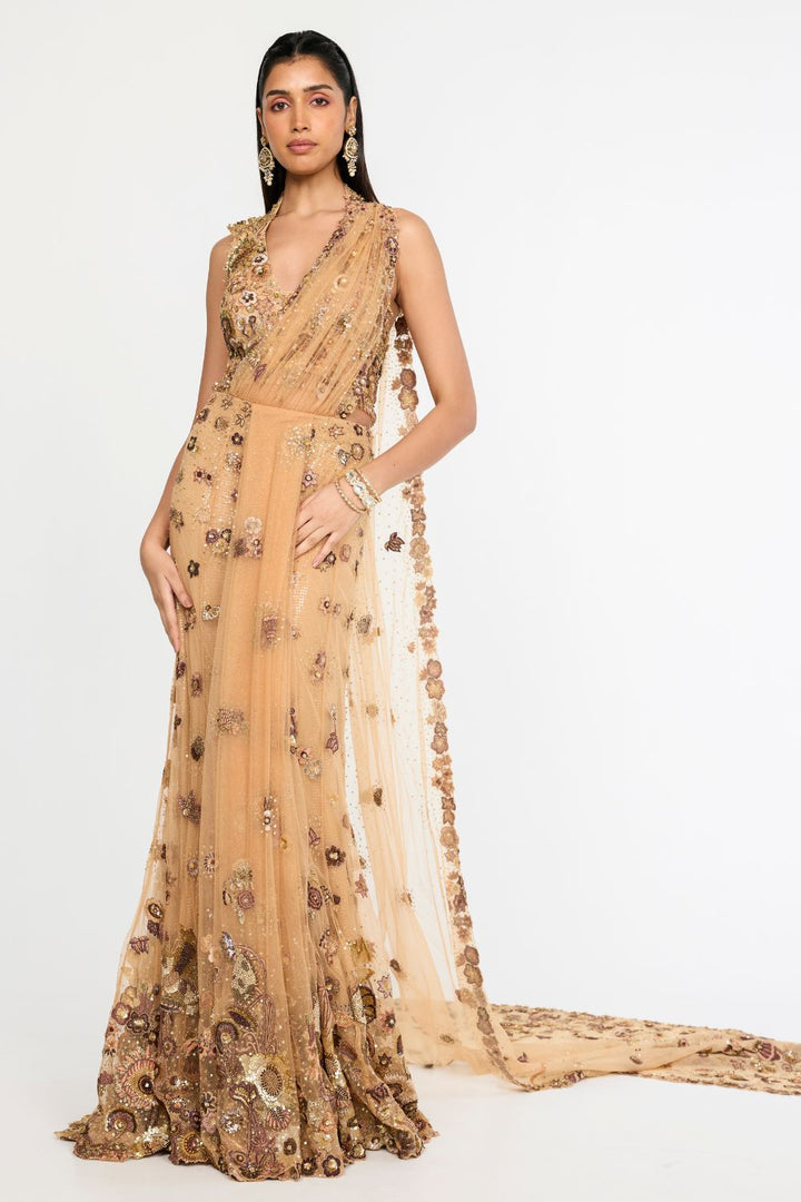 Garden Of Time Hand-Embroidered Blouse with Saree in Nude and Bronze