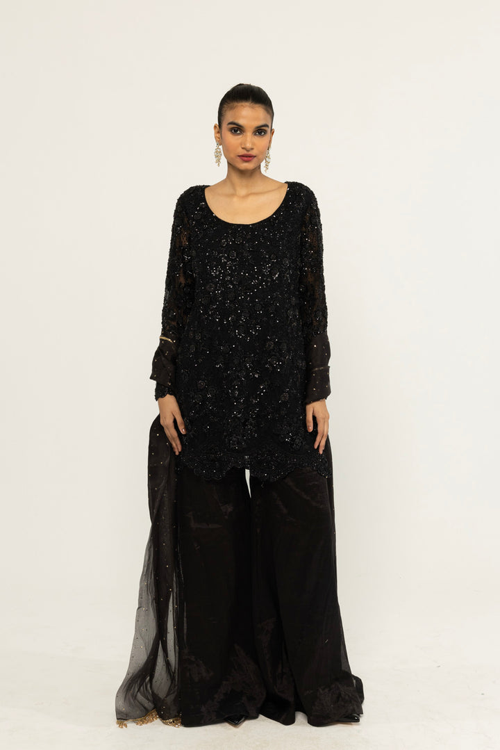 Himadri Hand-Embroidered Sharara Set in Black