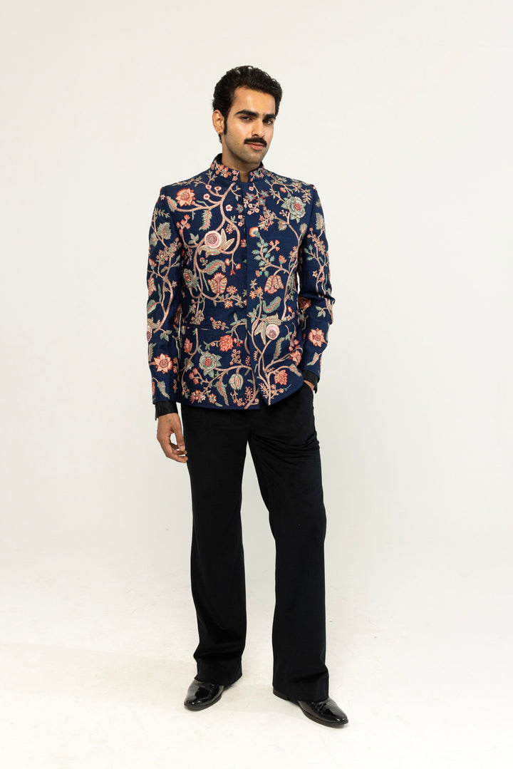 Anar Bel Hand-Embroidered Bandhgala in Navy