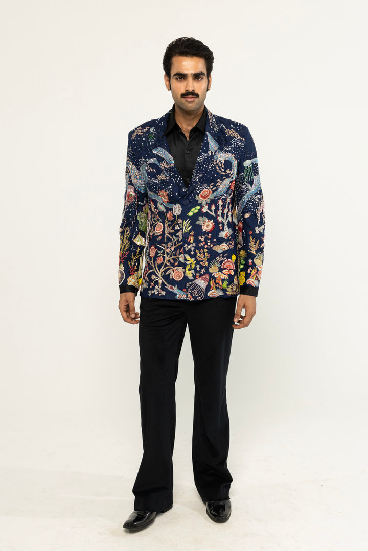 Cosmos Hand-Embroidered Jacket in Navy