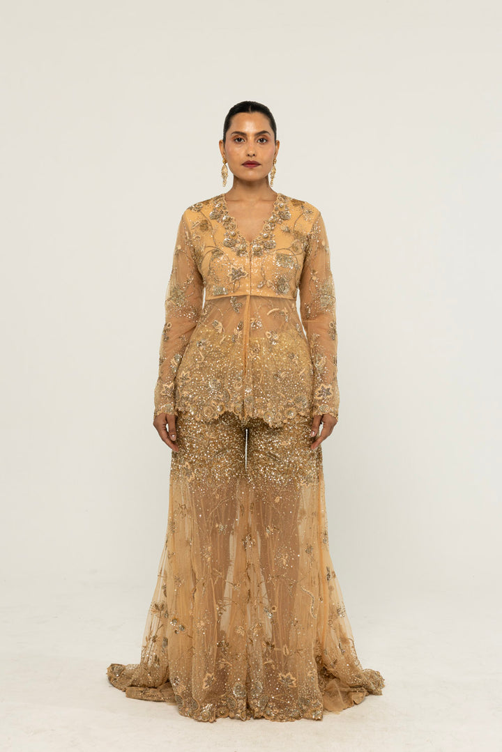 Anar Bel Hand-Embroidered Jacket Set in Nude
