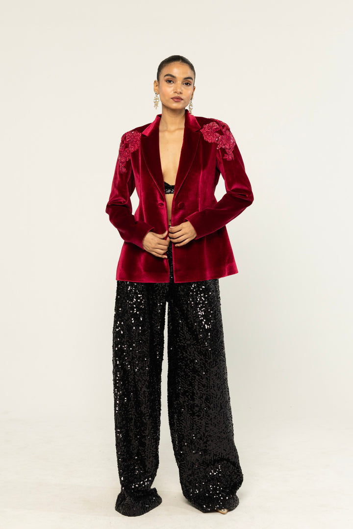 Anar Bel Hand-Embroidered Jacket in Burgundy