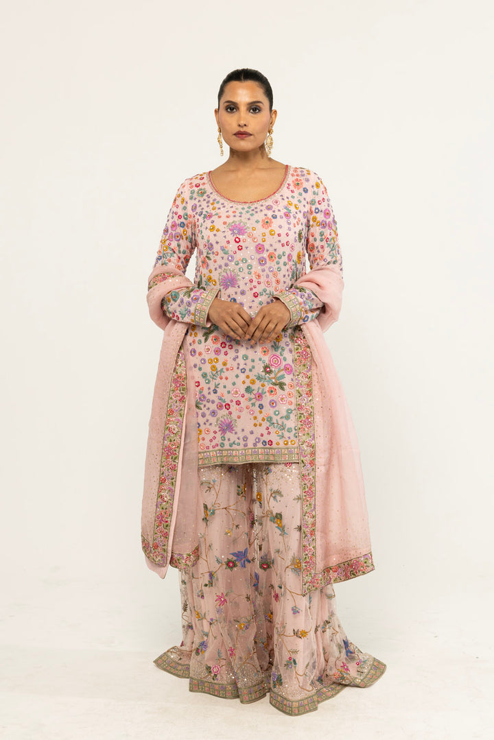 Haveli Hand-Embroidered Sharara Set in Lavender