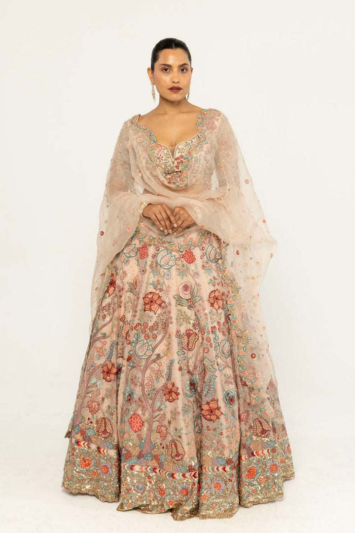 Chintz Hand-Embroidered Lehenga Set in Pastel Peach