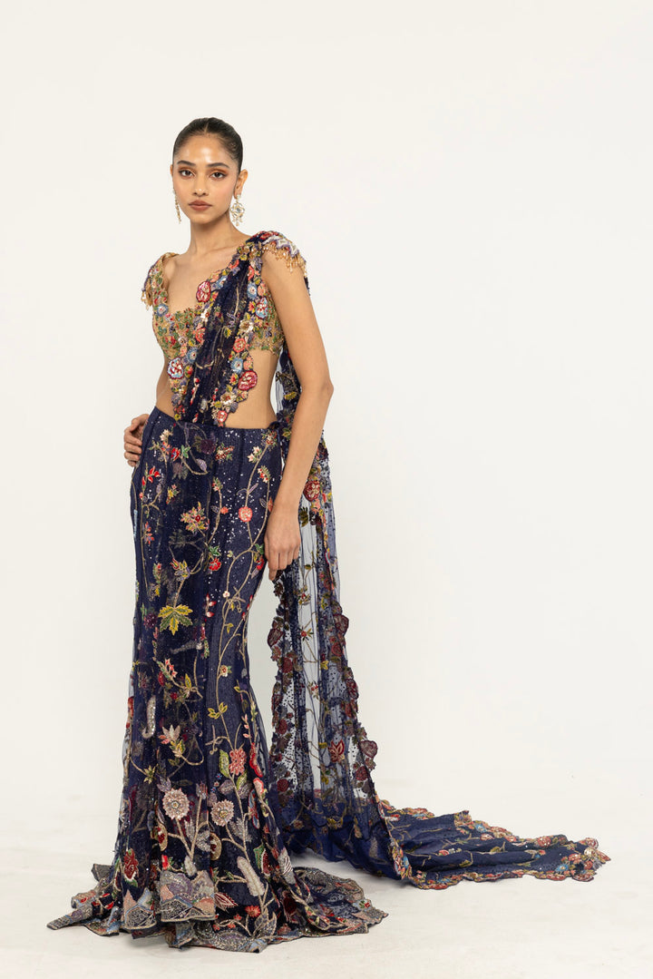 Anar Bel Hand-Embroidered Saree Set in Navy