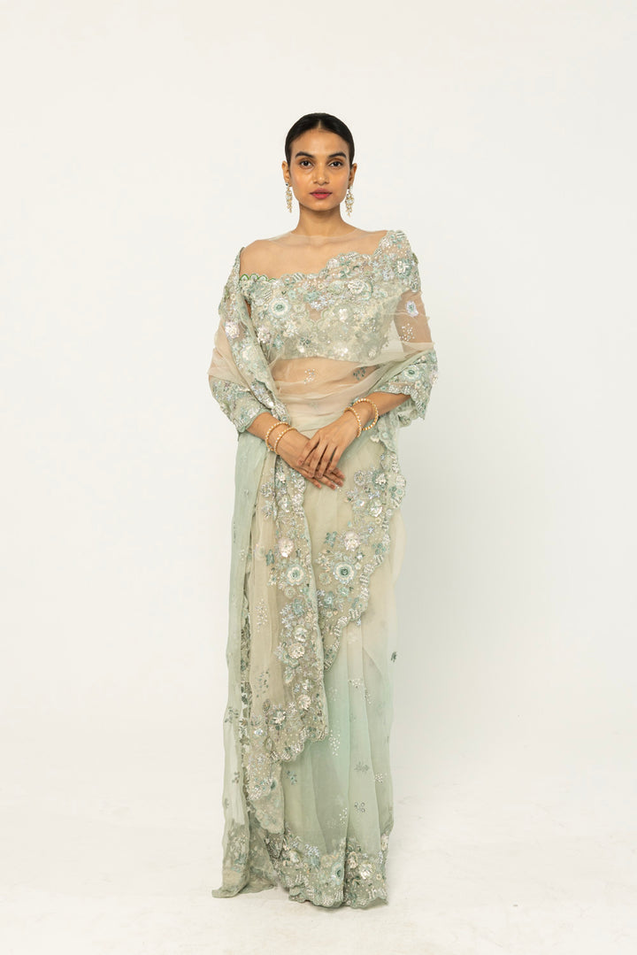 Himadri Hand-Embroidered Saree Set in Mint Ombre and Ivory