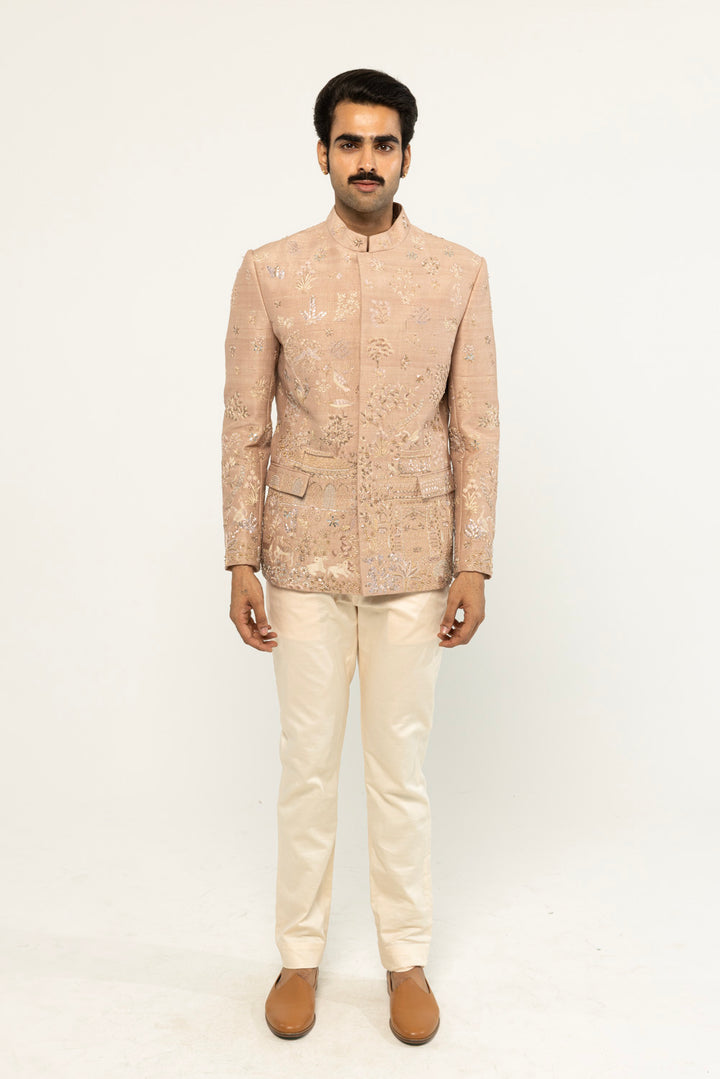Navbhumi Hand-Embroidered Bandhgala in Pink and Gold