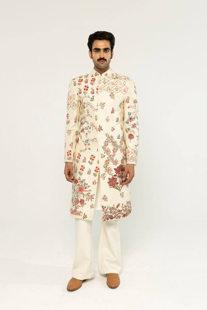 Chintz Hand-Embroidered Sherwani in Off White