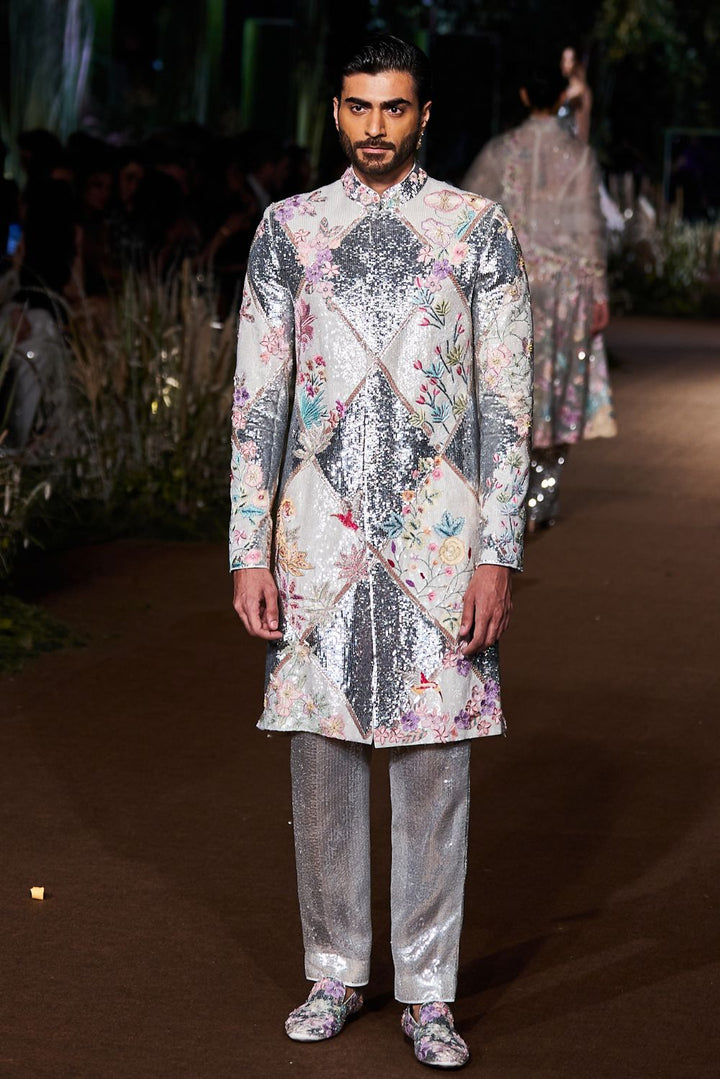 Sundarbans Embroidered Sherwani with Sequin Trousers in Ivory and Silver