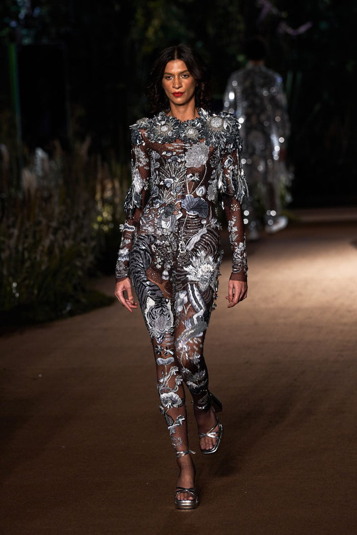 Sundarbans Hand-Embroidered Bodysuit in Black and Grey
