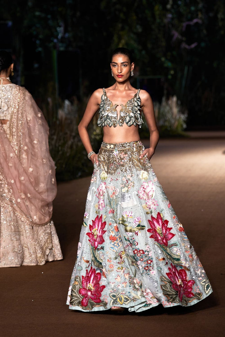 Cosmos Silk Organza Blouse with Sundarbans Hand-Embroidered Lehenga in Mint and Multi
