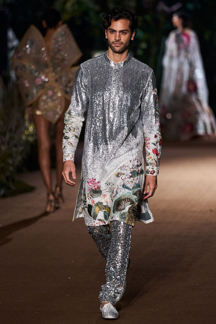 Padma Hand-Embroidered Kurta with Sequinence Hand-Sequinned Trousers in Ivory and Silver