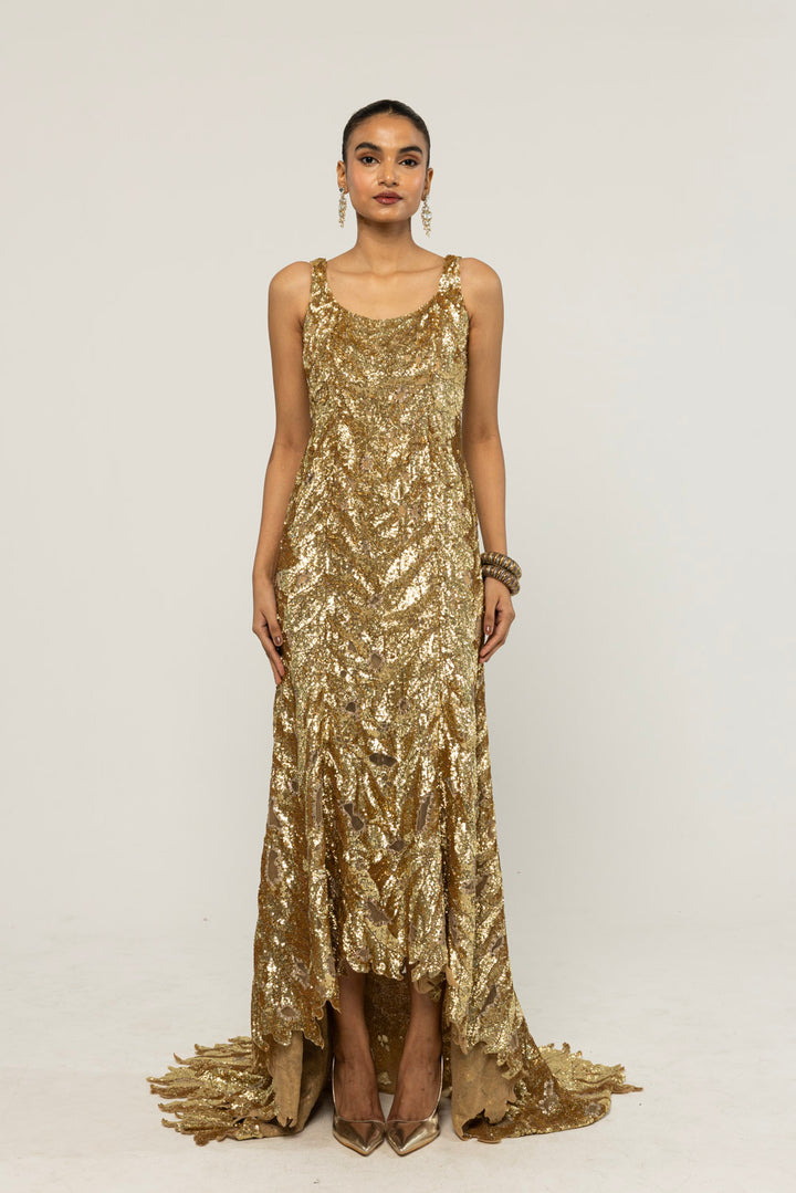 Textured Leaf Hand-Embroidered Gown in Nude and Gold