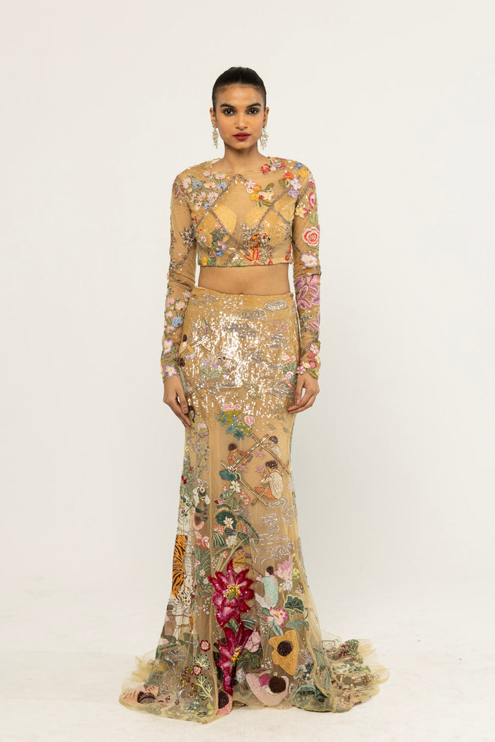Sundarbans Hand-Embroidered Skirt Set in Nude