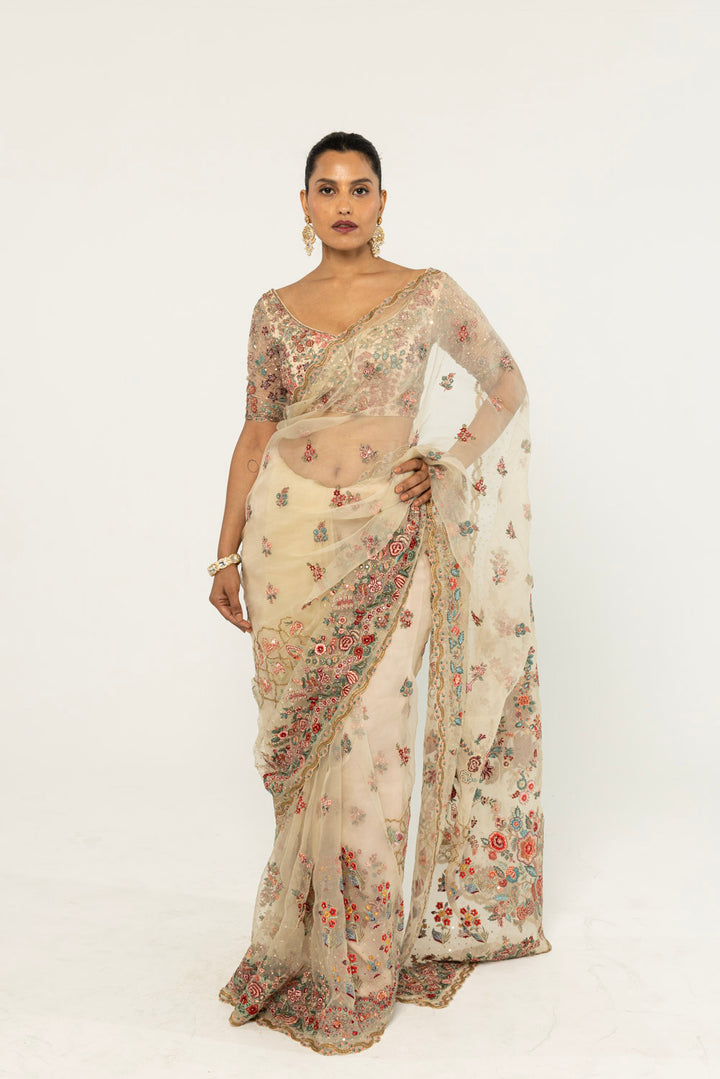 Chintz Hand-Embroidered Saree in Ivory