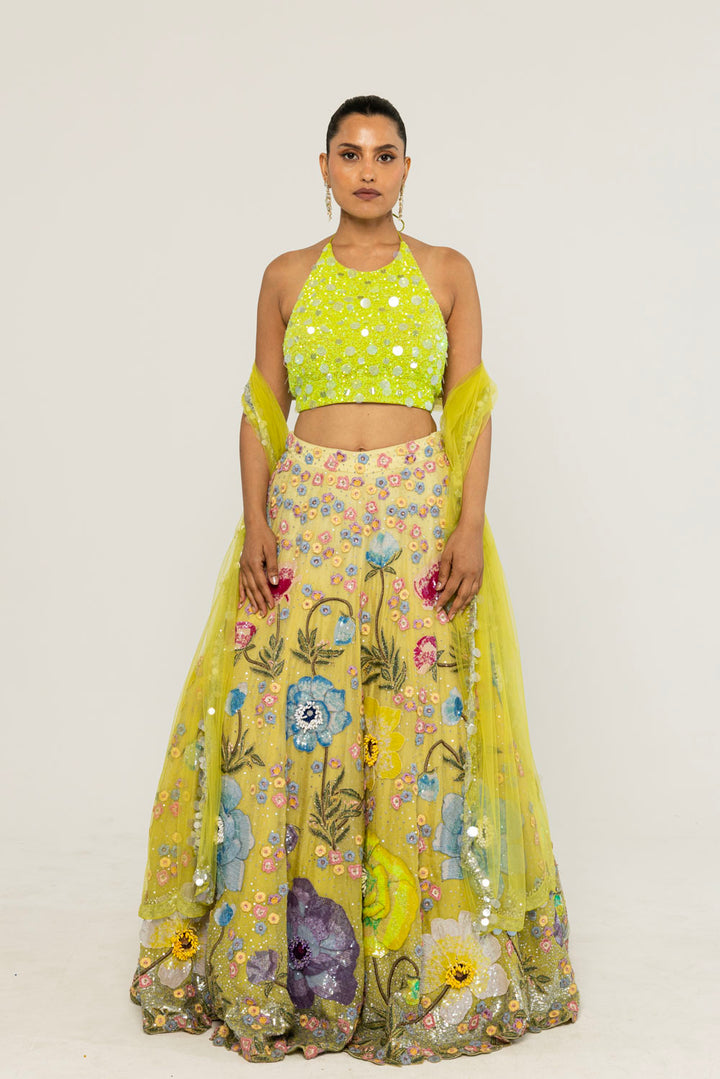Peonies Hand-Embroidered Lehenga Set in Lime Ombre
