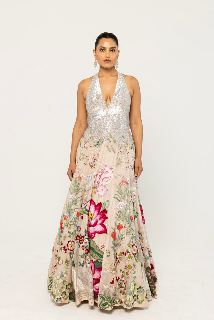 Padma Hand-Embroidered Gown in Nude