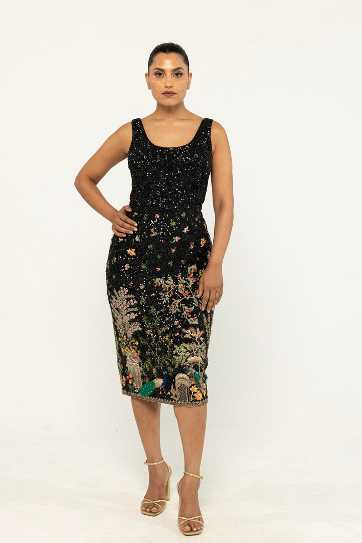Jharokha Hand-Embroidered Dress in Black