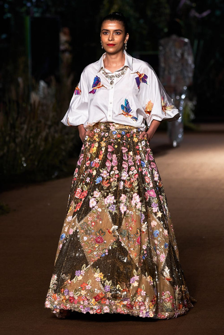 Sundarbans Silk Organza Lehenga with Kingfisher Bird Hand-Embroidered Shirt in Gold, Ivory, and Multi