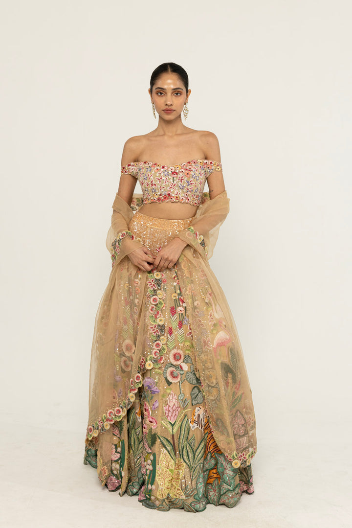 Verdure Hand-Embroidered Lehenga Set in Nude