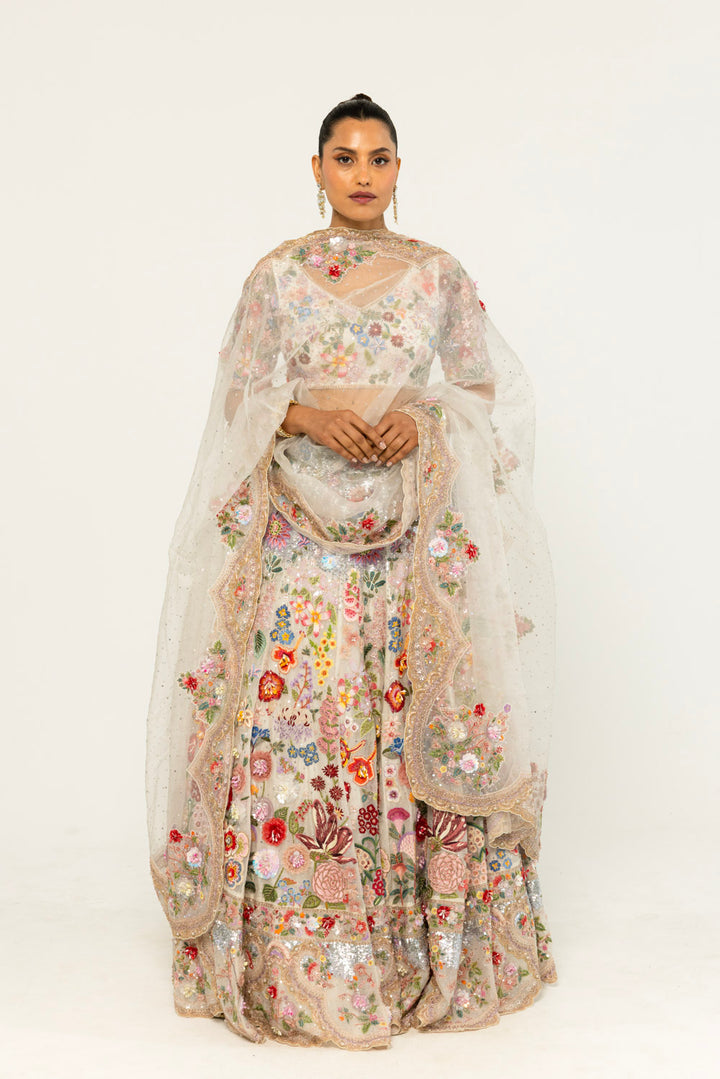 Himadri Hand-Embroidered Lehenga Set in Ivory