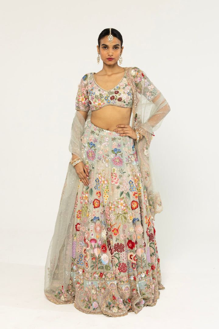 Himadri Hand-Embroidered Lehenga Set in Mint