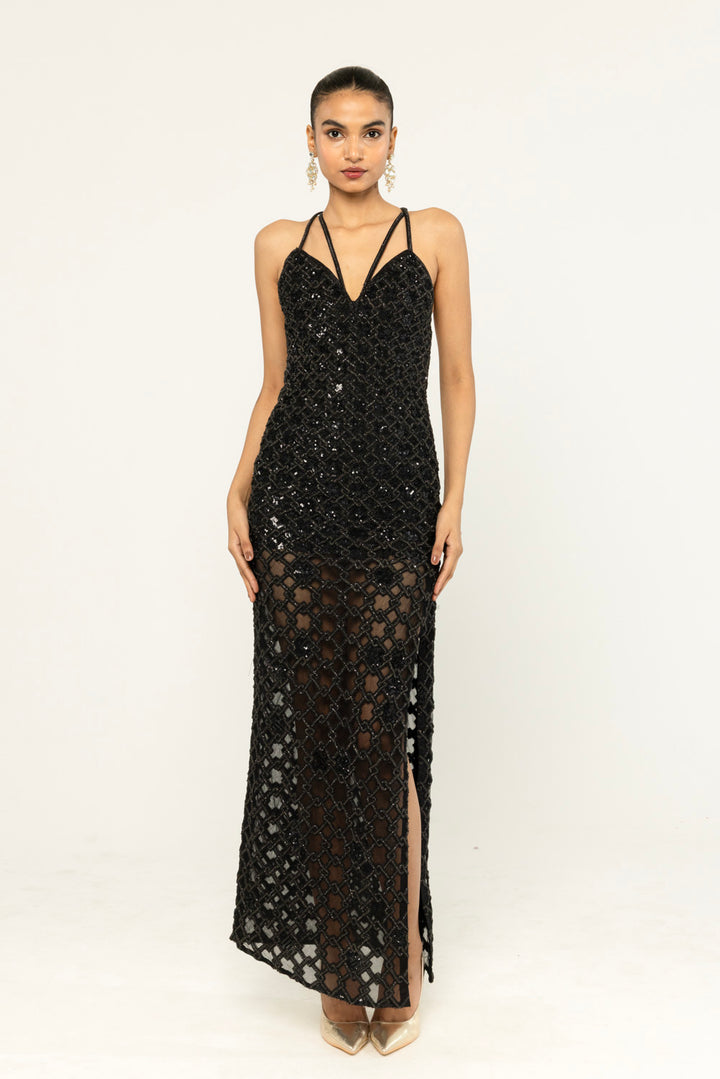 Lattice Hand-Embroidered Gown in Black
