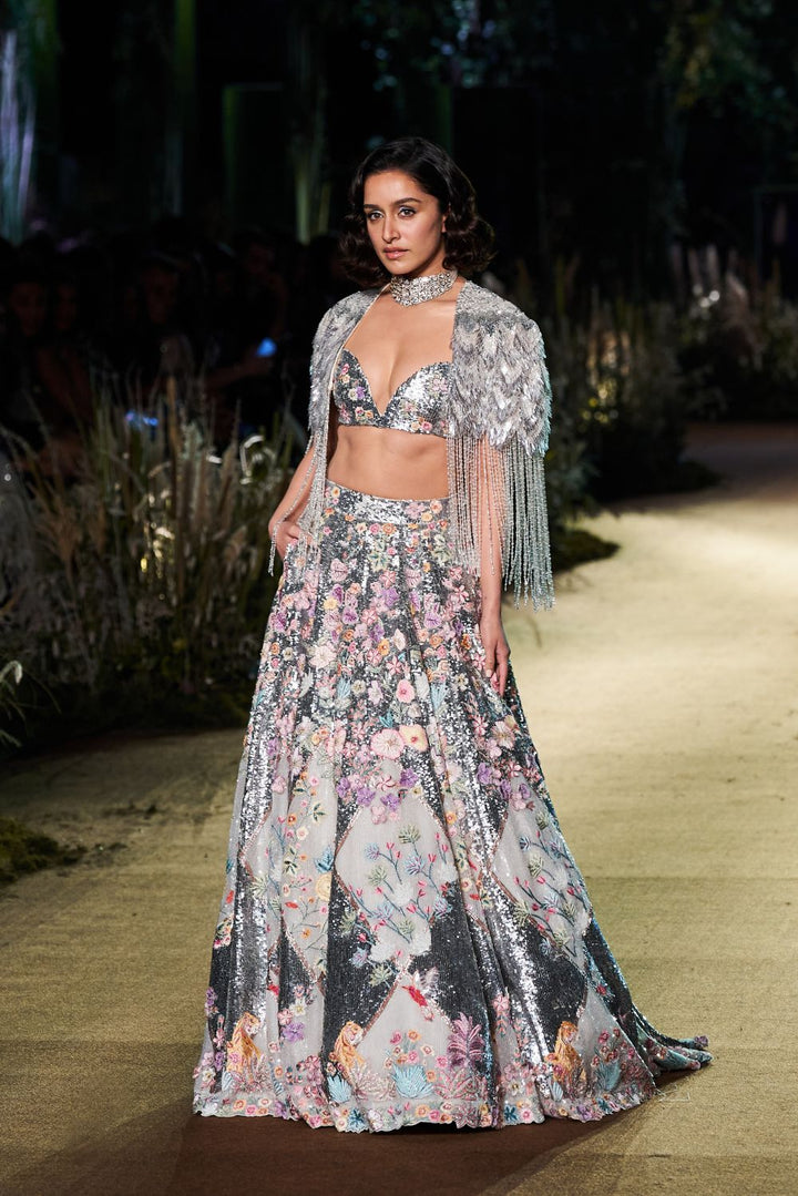 Sundarbans Silk Organza Lehenga with Hand-Embroidered Blouse and Iris Cape in Gold, Ivory, and Multi