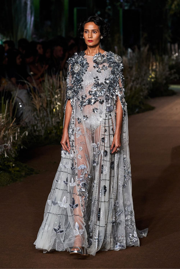 Padma Hand-Embroidered Gown with Classic Hand-Embroidered Leotard in Ivory and Silver