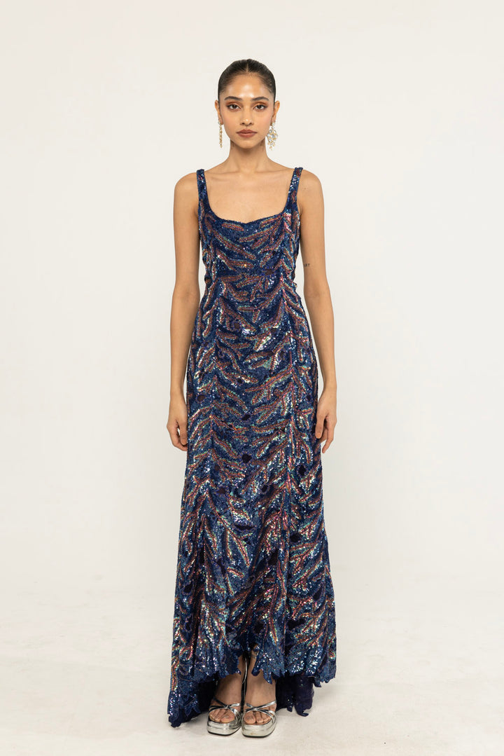 Textured Leaf Hand-Embroidered Gown in Navy