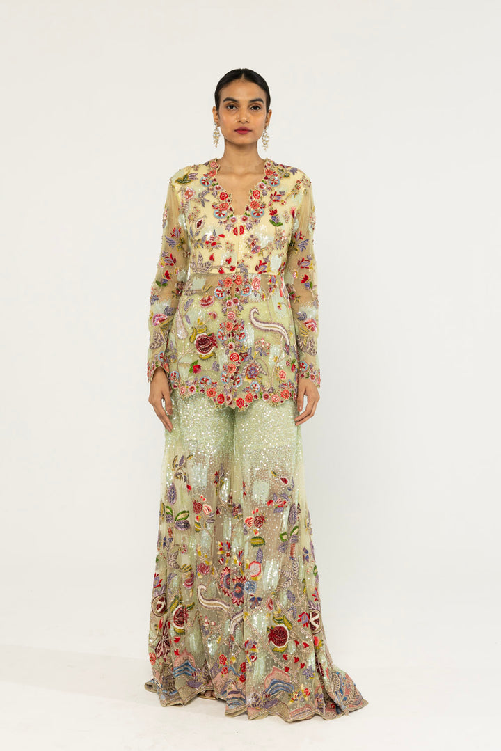 Anar Bel Hand-Embroidered Sharara Set in Apple Green