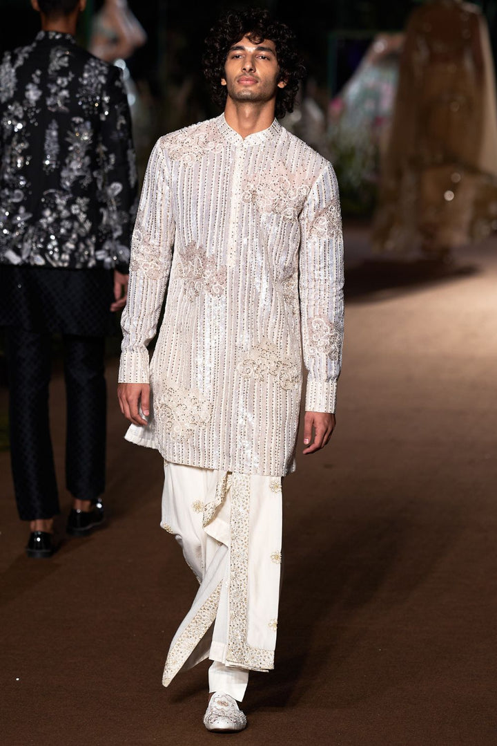 Navbhumi Silk Organza Kurta with Aaina Hand-Embroidered Drape Dhoti in Ivory