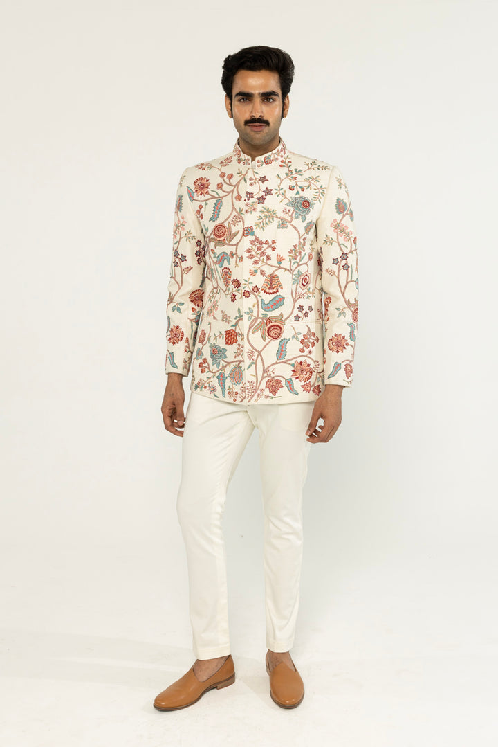 Chintz Hand-Embroidered Bandhgala in Ivory
