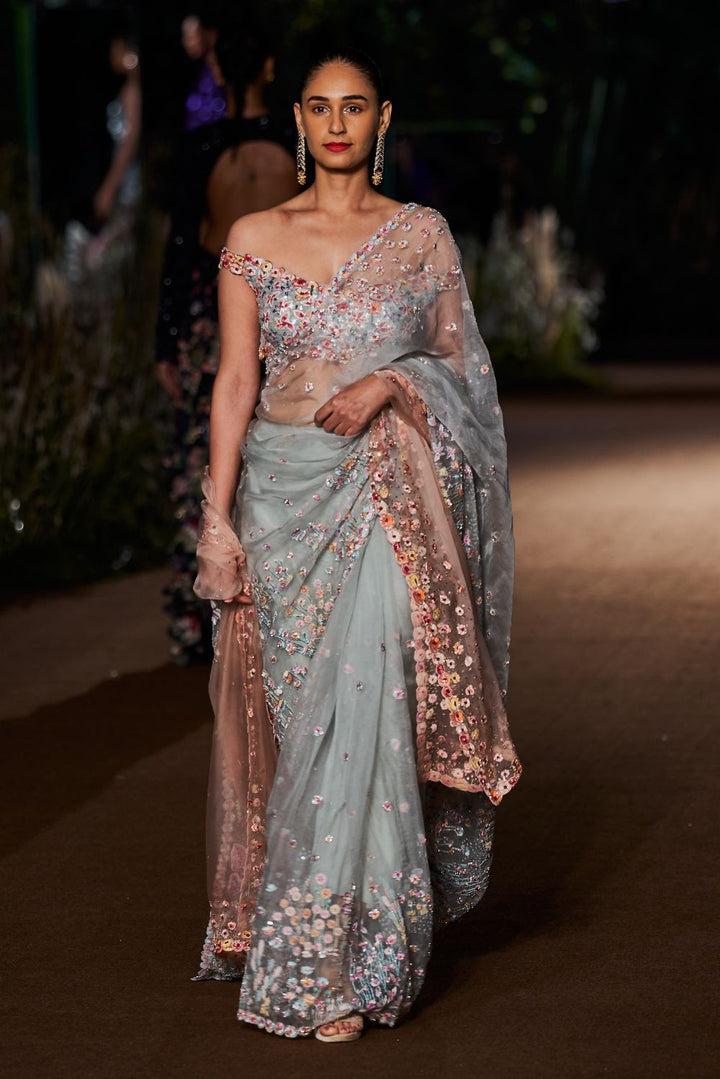 Verdure Pastel Silk Organza Saree with Hand-Embroidered Blouse and Silk Organza Dupatta in Mint, Rose Pink, and Multi
