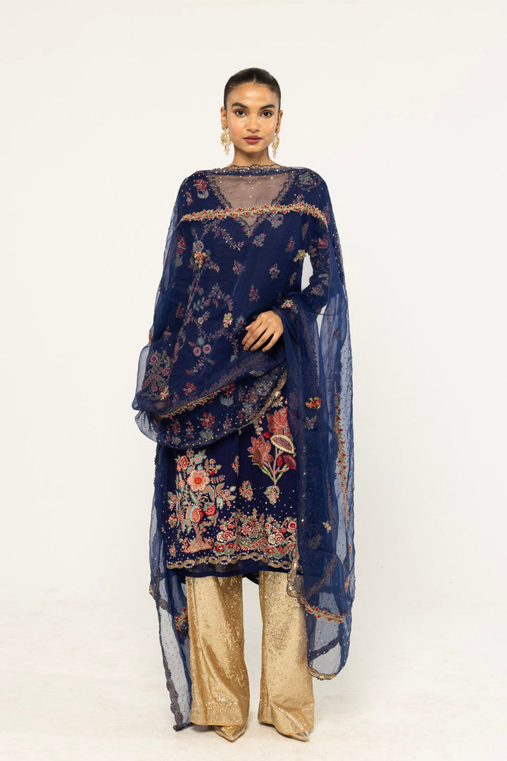 Chintz Hand-Embroidered Kurta Set in Navy
