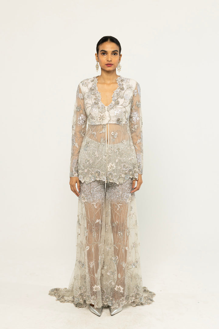 Anar Bel Hand-Embroidered Jacket Set in Ivory