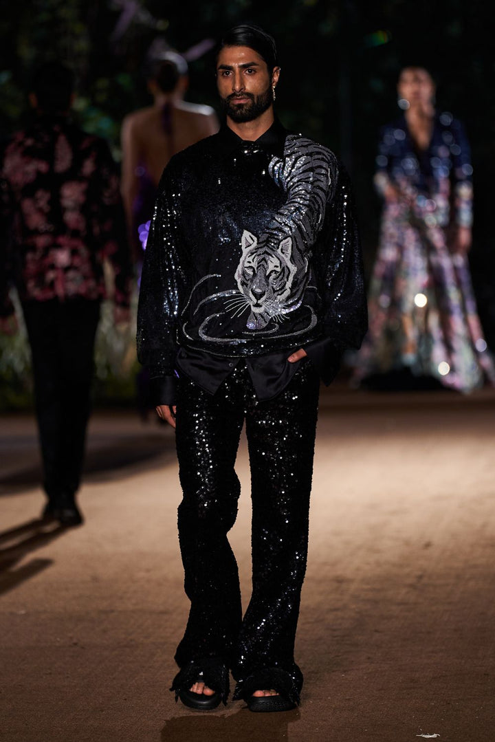 Sundarbans Hand-Embroidered Shirt with Sequinence Hand-Sequinned Trousers in Black and Silver