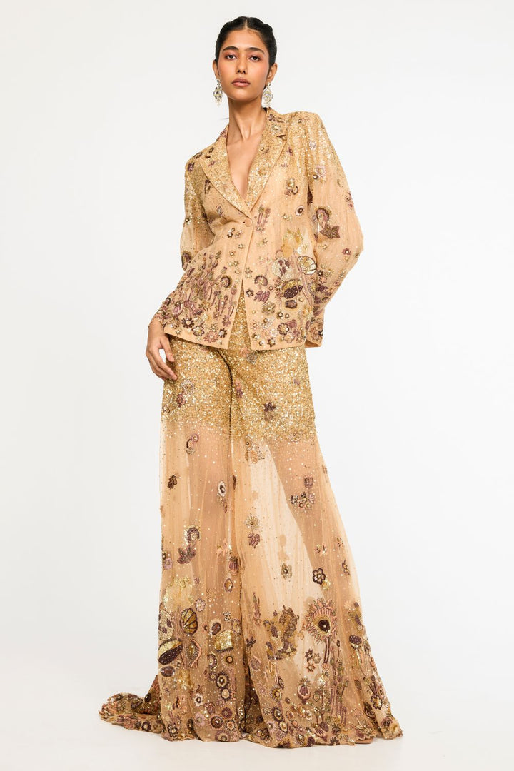 Garden Of Time Hand-Embroidered Jacket with Trousers in Nude and Bronze