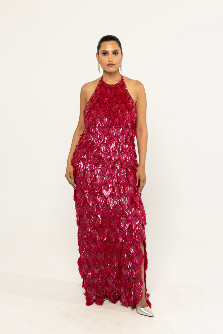 Iris Hand-Embroidered Gown in Ruby