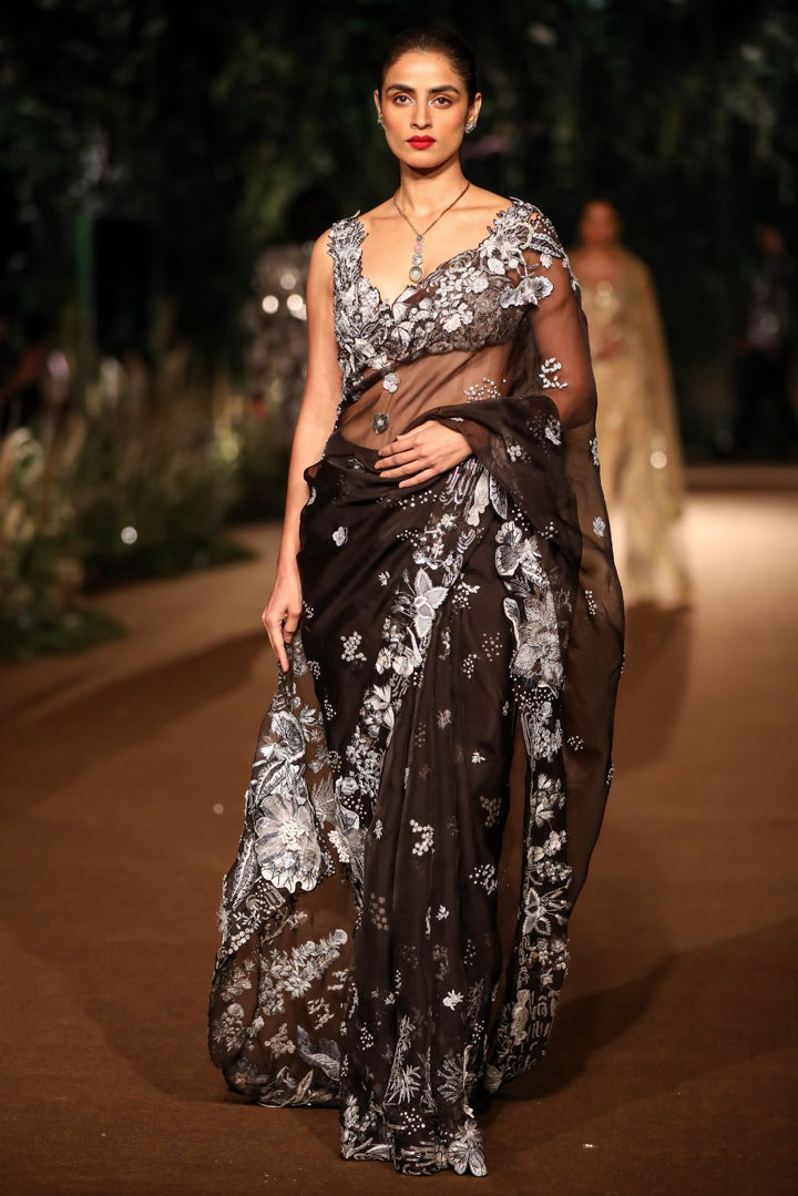 Sundarbans Silk Organza Saree with Hand-Embroidered Blouse in Brown and Silver