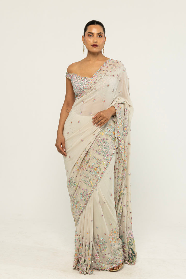 Verdure Hand-Embroidered Saree Set in Mint