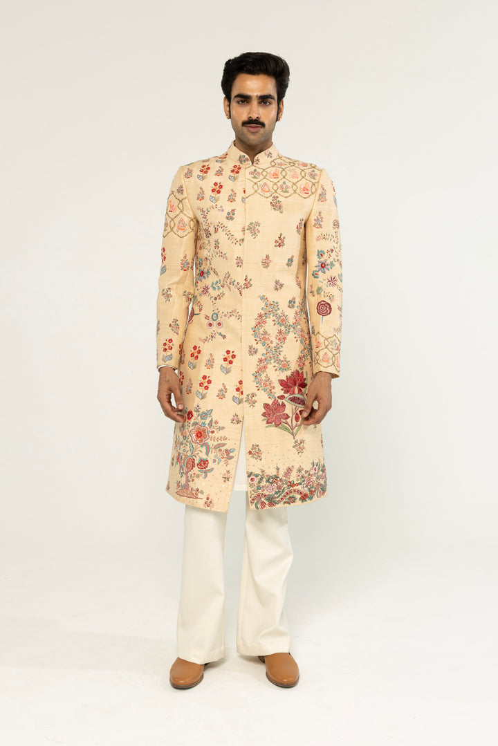 Chintz Hand-Embroidered Sherwani in Tea Stain