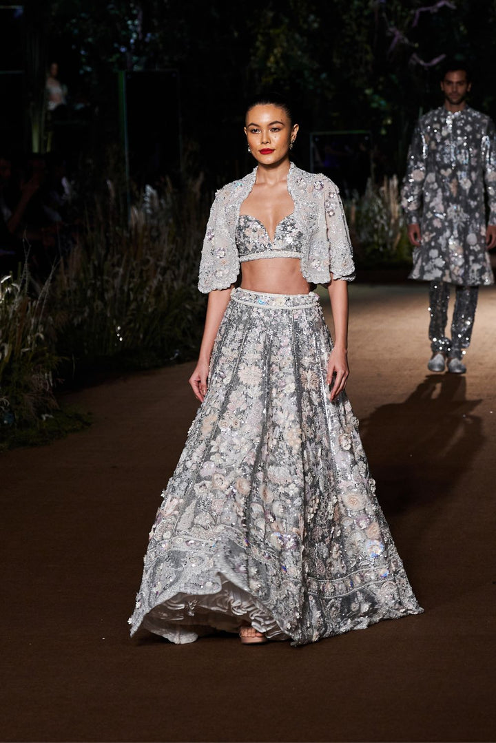 Himadri Silk Organza Lehenga Set with Blouse and Silk Georgette Cape in Ivory and Silver